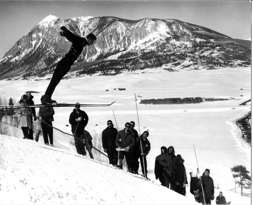 Ski jumper at Rozman Hill. Photograph from the Duane Vandenbusche Collection.